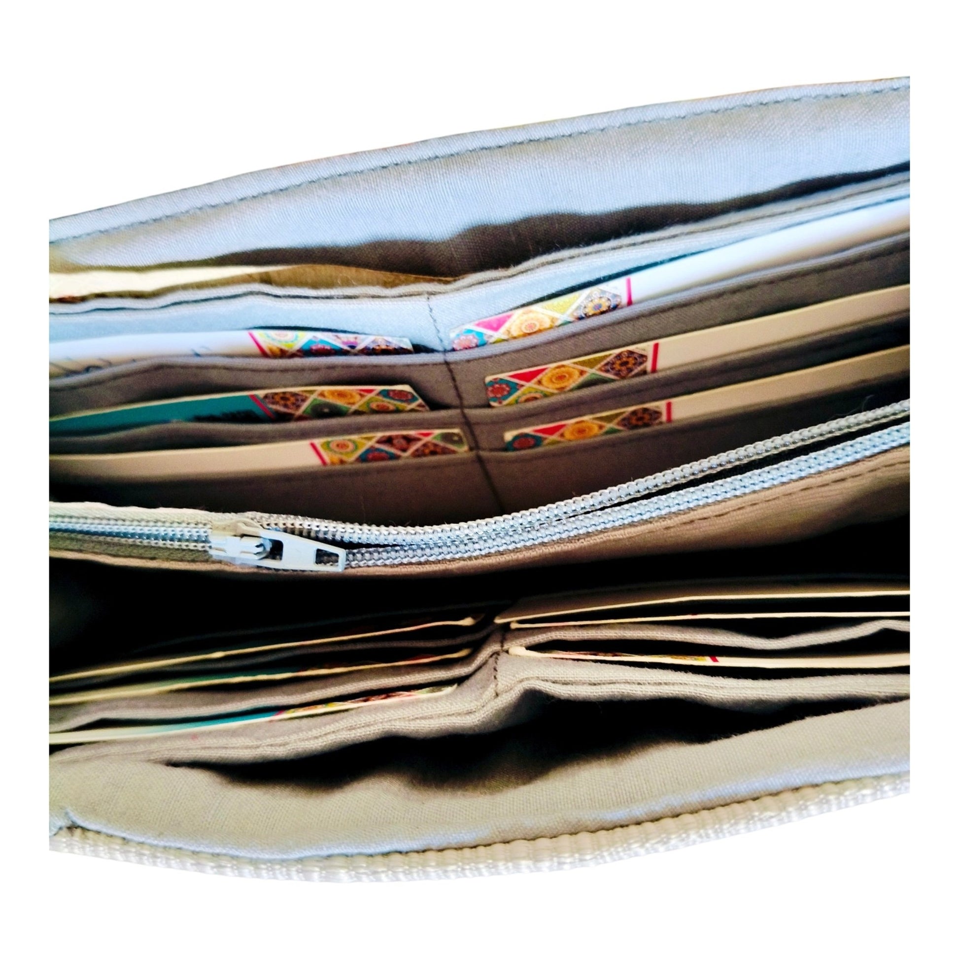 Suepatchwork silver gray large wallet with multiple card slots and a central zippered compartment for organization
