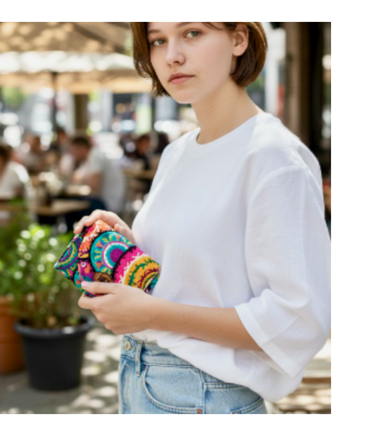 Suepatchwork small fabric wallet with vibrant colorful patterns held by a woman in a white t-shirt outdoors