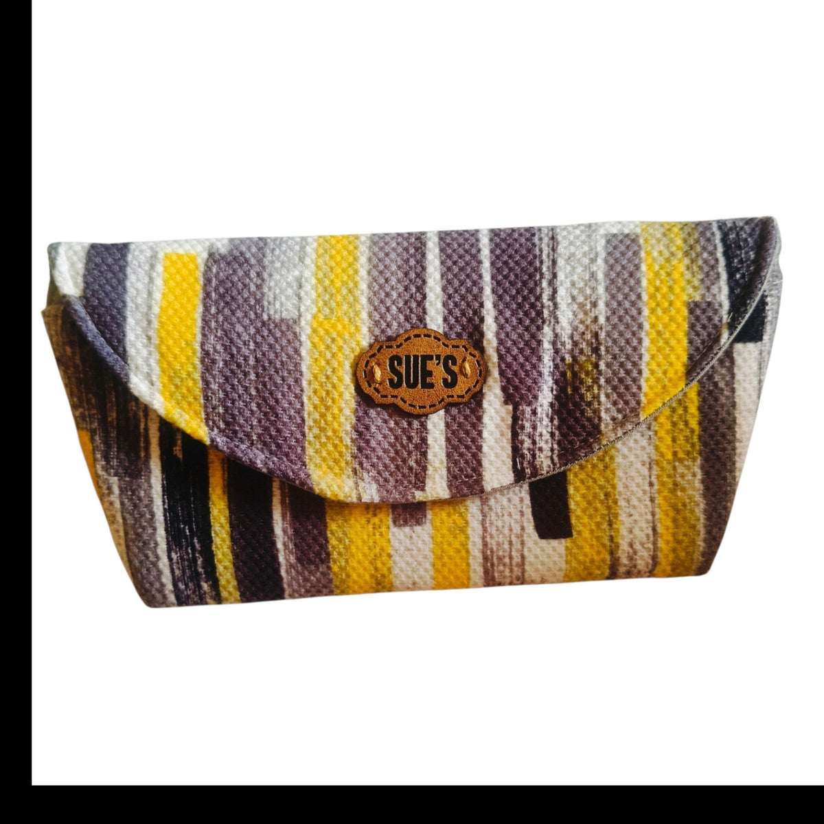 Suepatchwork handcrafted fabric glasses case with yellow, grey, and white striped pattern and magnetic closure