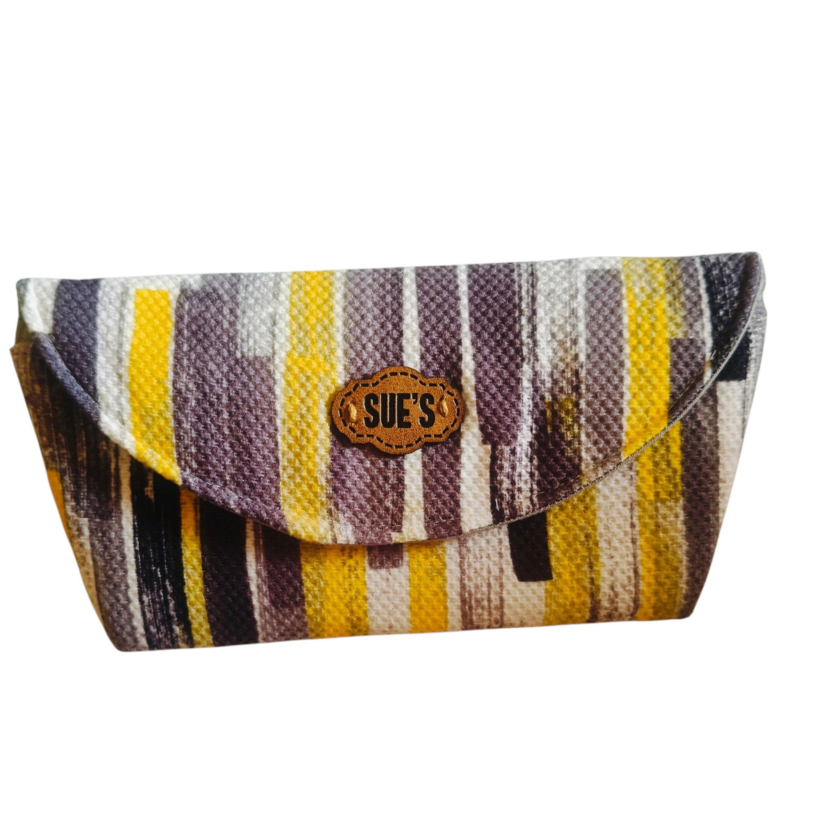 Suepatchwork handcrafted fabric glasses case with yellow, grey, and white striped pattern and magnetic closure