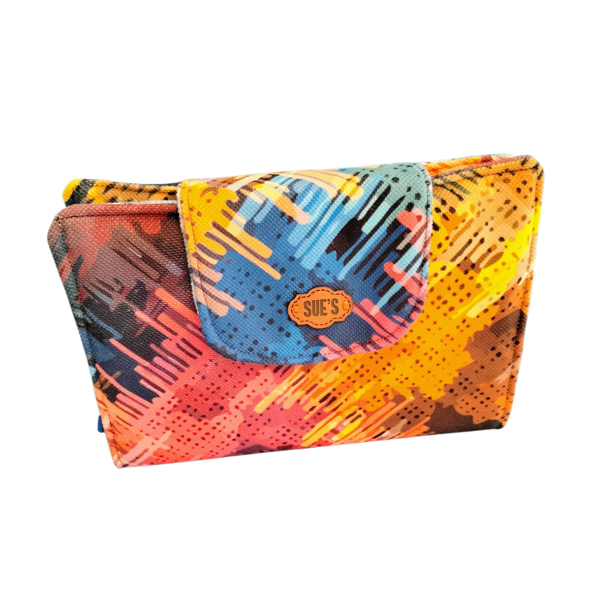 Suepatchwork sunrise colored fabric Quran cover with a protective flap and branded leather tag, 25x18cm size.