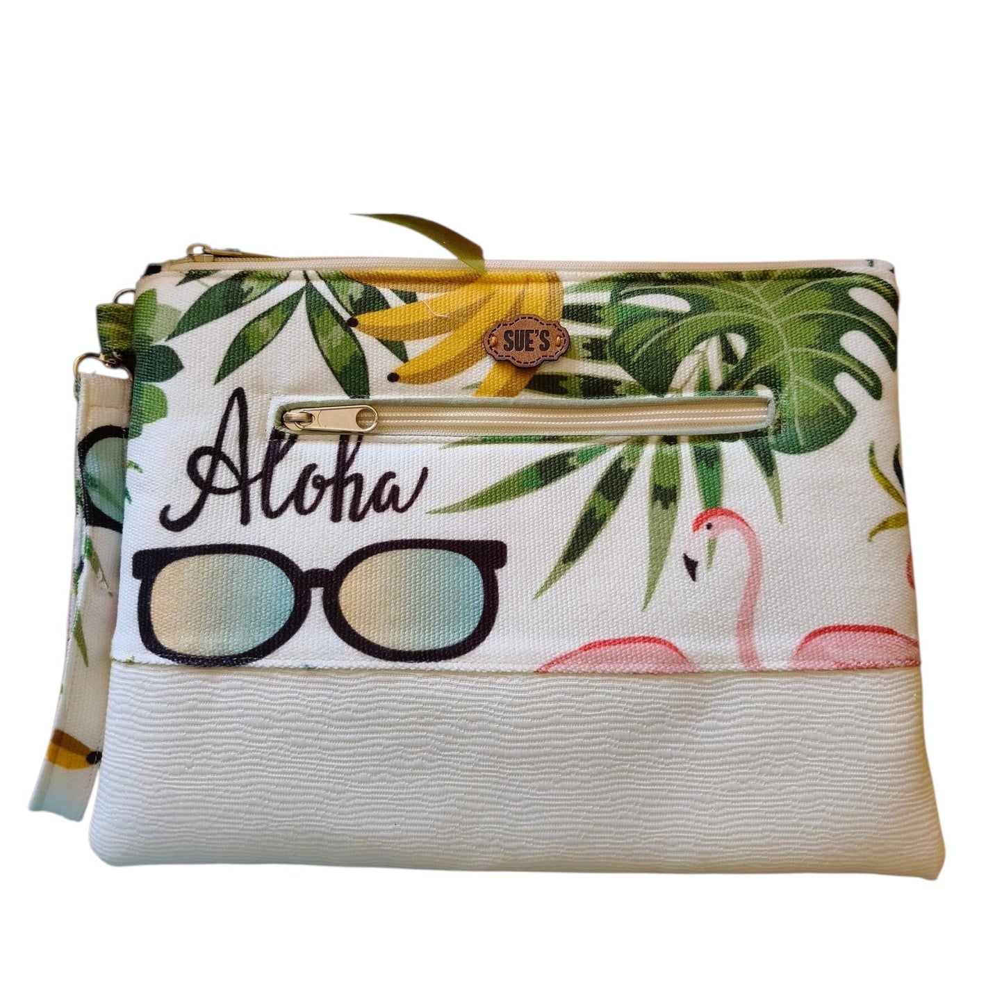 Suepatchwork handmade clutch featuring a tropical Aloha print with flamingos, sunglasses, and a front zip pocket.