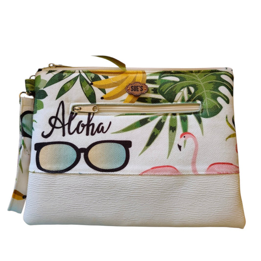 Suepatchwork handmade clutch featuring a tropical Aloha print with flamingos, sunglasses, and a front zip pocket.