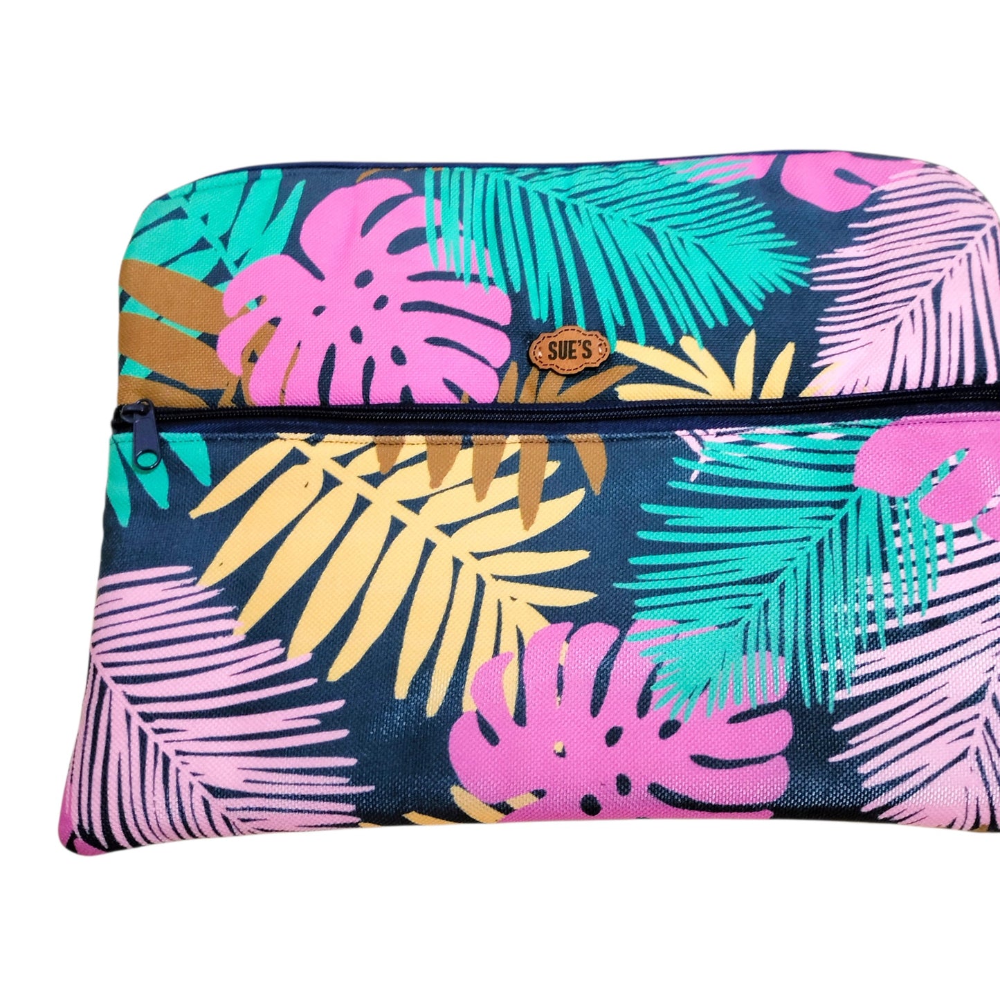 Suepatchwork 13-inch laptop sleeve featuring a vibrant tropical leaf pattern in pink, teal, and yellow on navy fabric.
