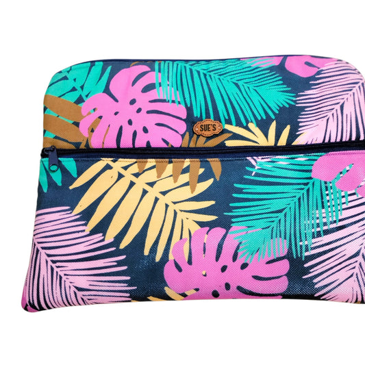 Suepatchwork 13-inch laptop sleeve featuring a vibrant tropical leaf pattern in pink, teal, and yellow on navy fabric.