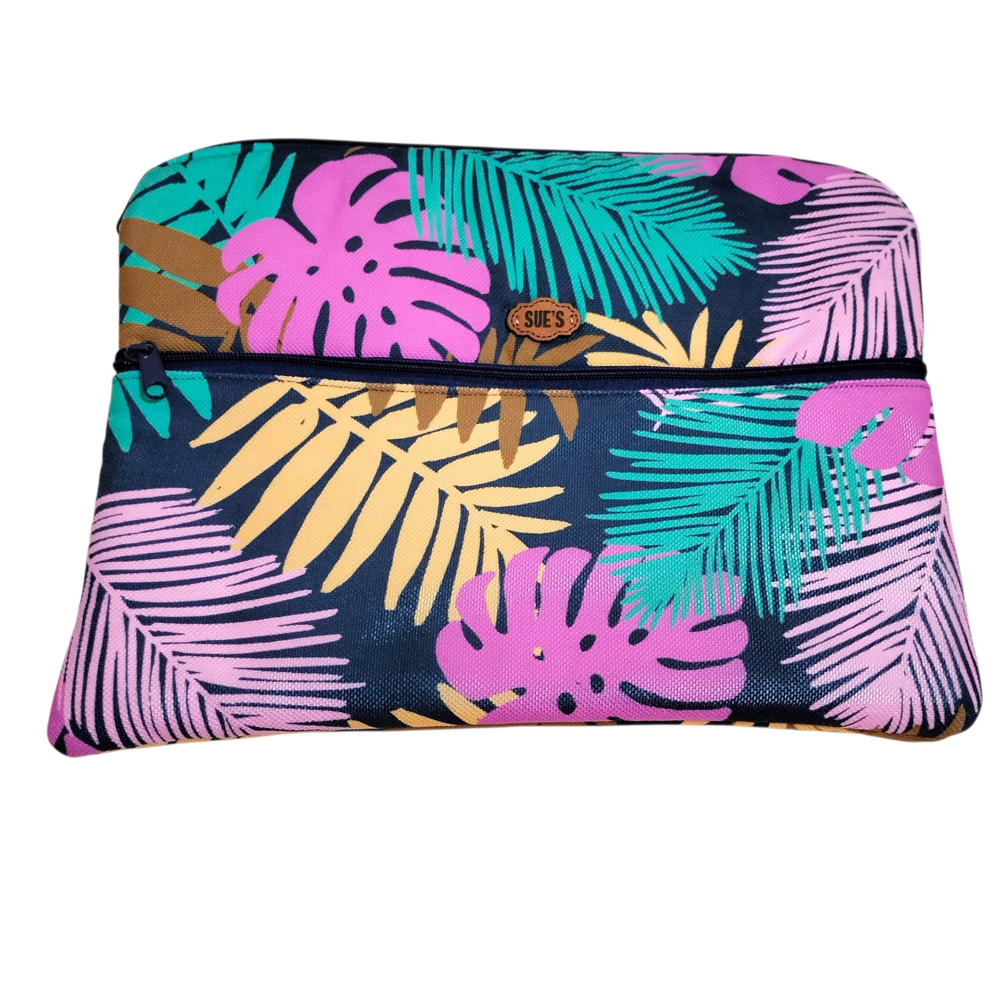 Suepatchwork handmade 13-inch laptop sleeve featuring a vibrant tropical leaf print in pink, teal, and yellow.