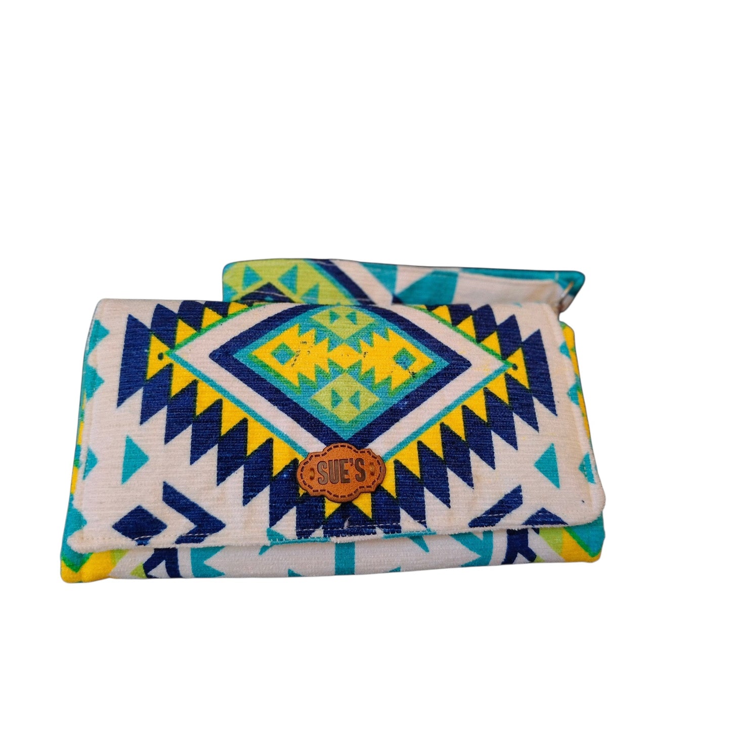 Suepatchwork Tropical Vibes large wallet with geometric patterns in blue, yellow, and white with a leather logo tag.