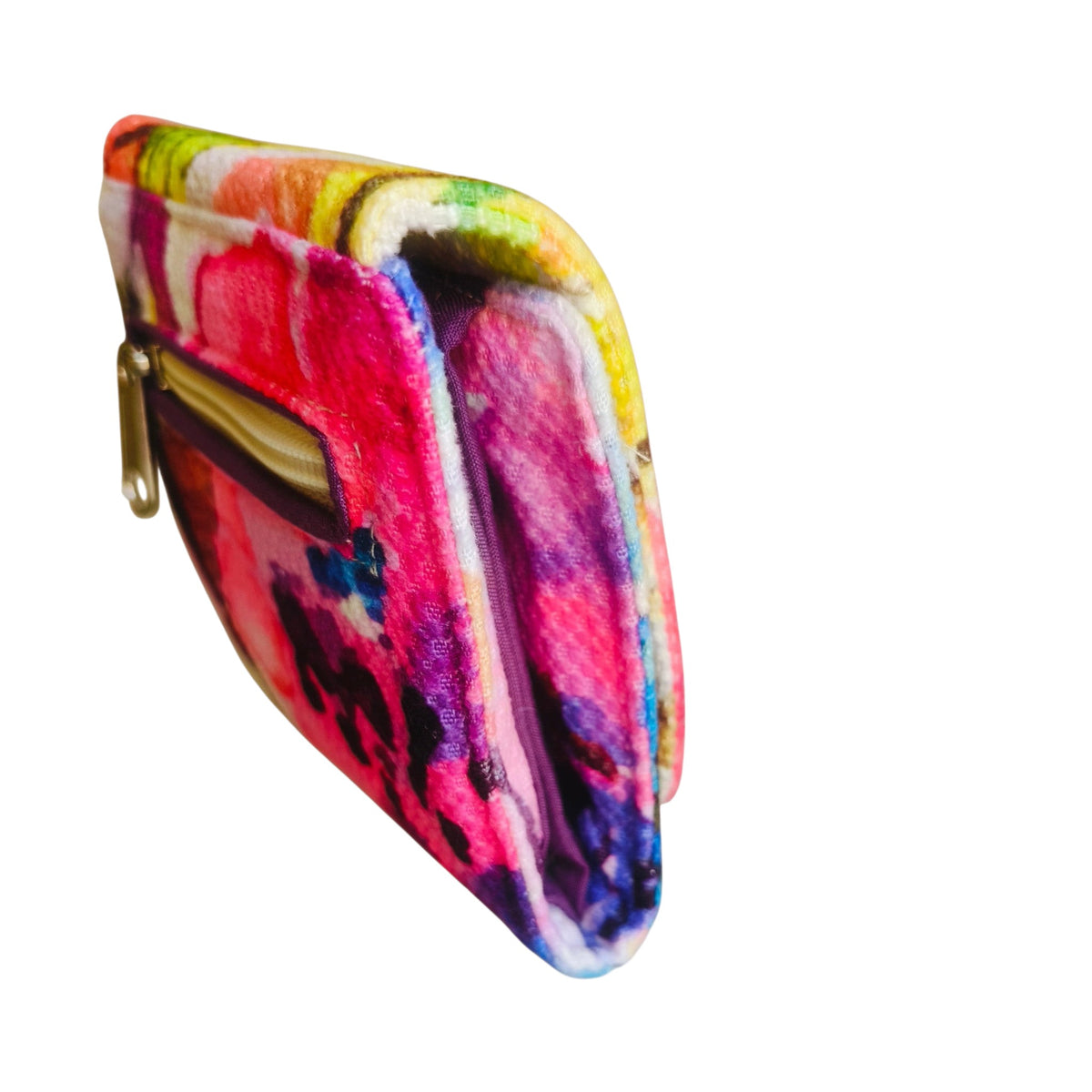 Suepatchwork handmade fabric card wallet featuring a vibrant watercolor floral print with a secure zipper closure.