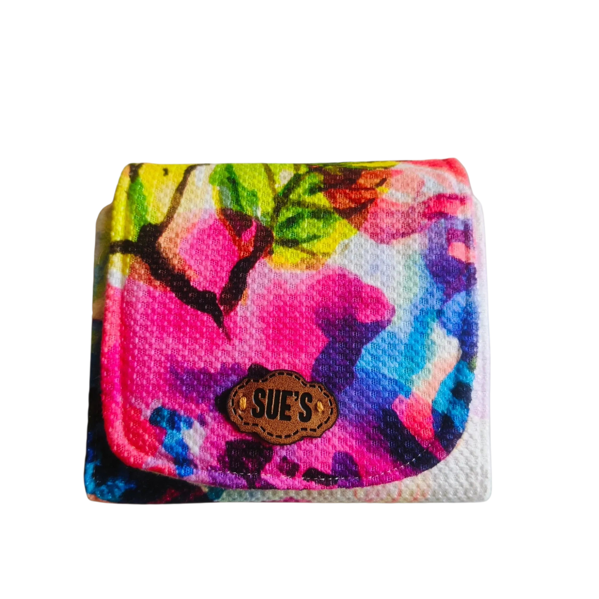Suepatchwork handmade fabric card wallet featuring a vibrant watercolor floral pattern and a branded leather tag.