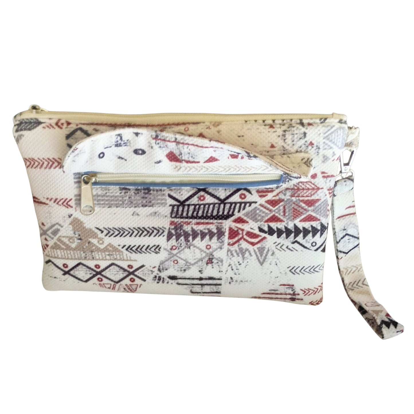 Suepatchwork handmade white clutch with geometric patterns, featuring an external zip pocket and a wrist strap.