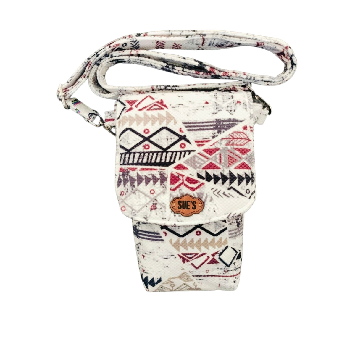 Suepatchwork white geometric print crossbody phone bag with magnetic flap and adjustable strap