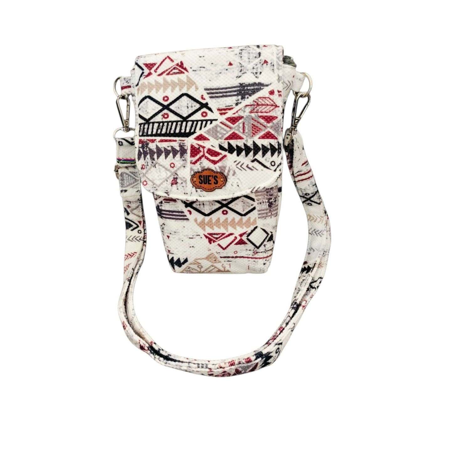 Suepatchwork white geometric print crossbody phone bag with magnetic flap and adjustable fabric strap