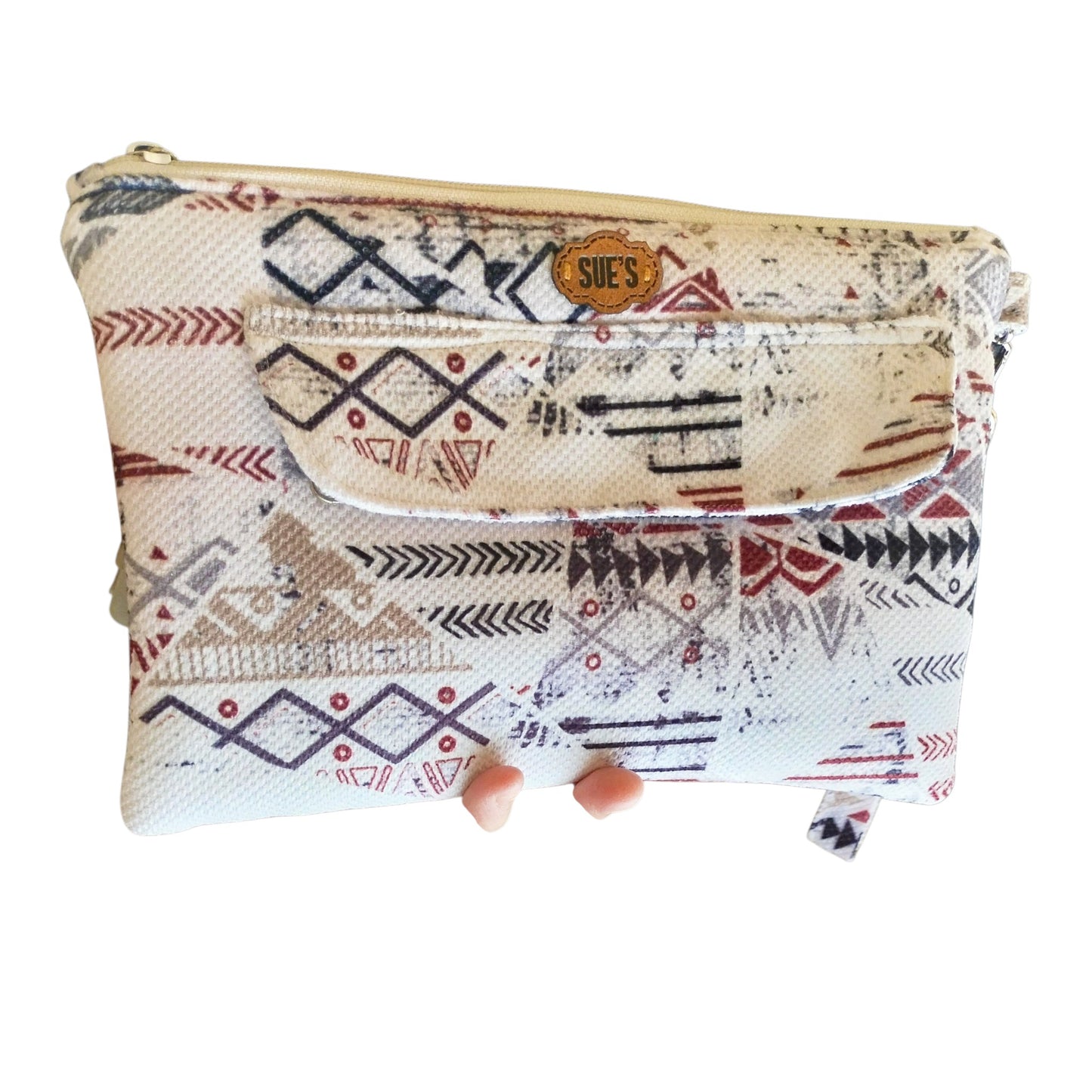 Suepatchwork handmade white geometric print fabric clutch with an external zip pocket and branded leather tag