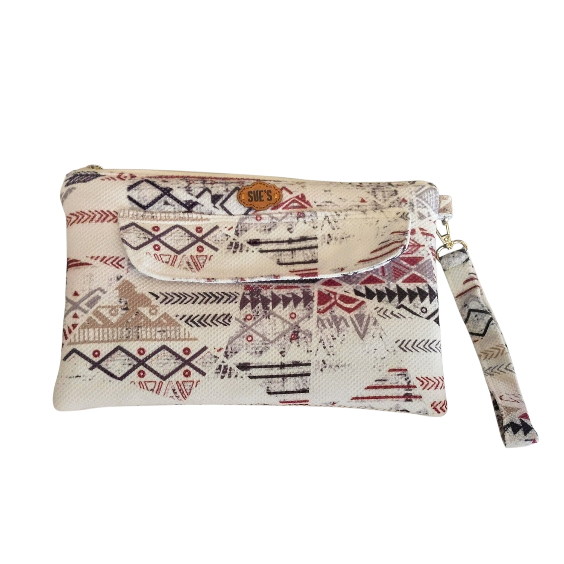 Suepatchwork white handmade clutch with geometric patterns, featuring an external flap pocket and a wrist strap.