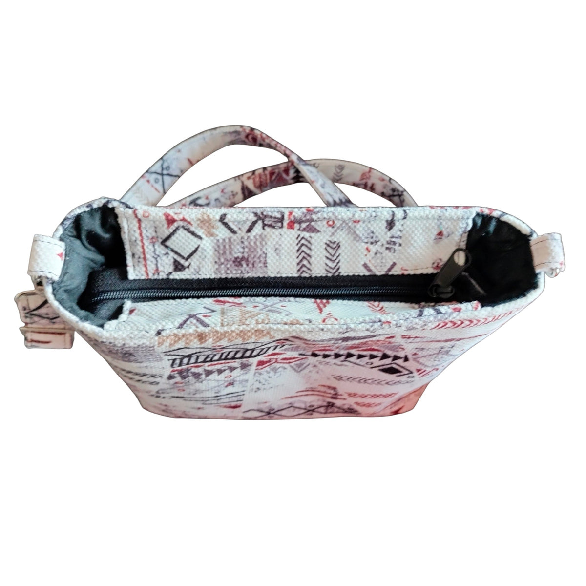 Suepatchwork white geometric patchwork crossbody bag with a zippered top opening and adjustable fabric strap.