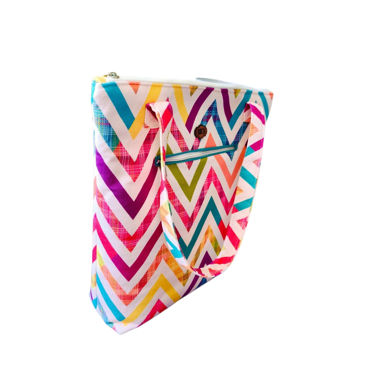 Suepatchwork handmade fabric tote bag featuring a vibrant multi-coloured zigzag pattern and exterior zip pocket