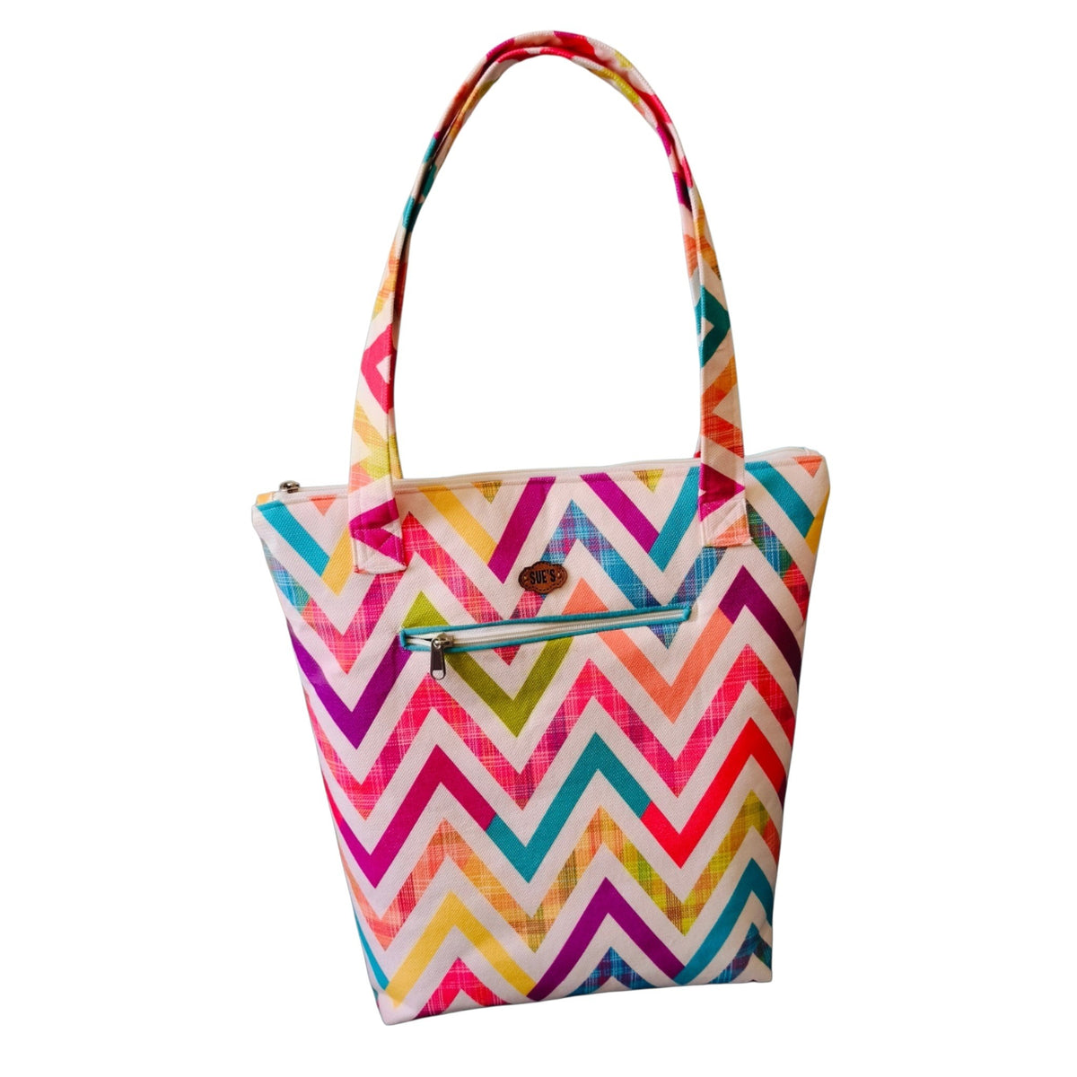 Suepatchwork handmade zigzag patterned fabric tote bag with shoulder straps and external zip pocket