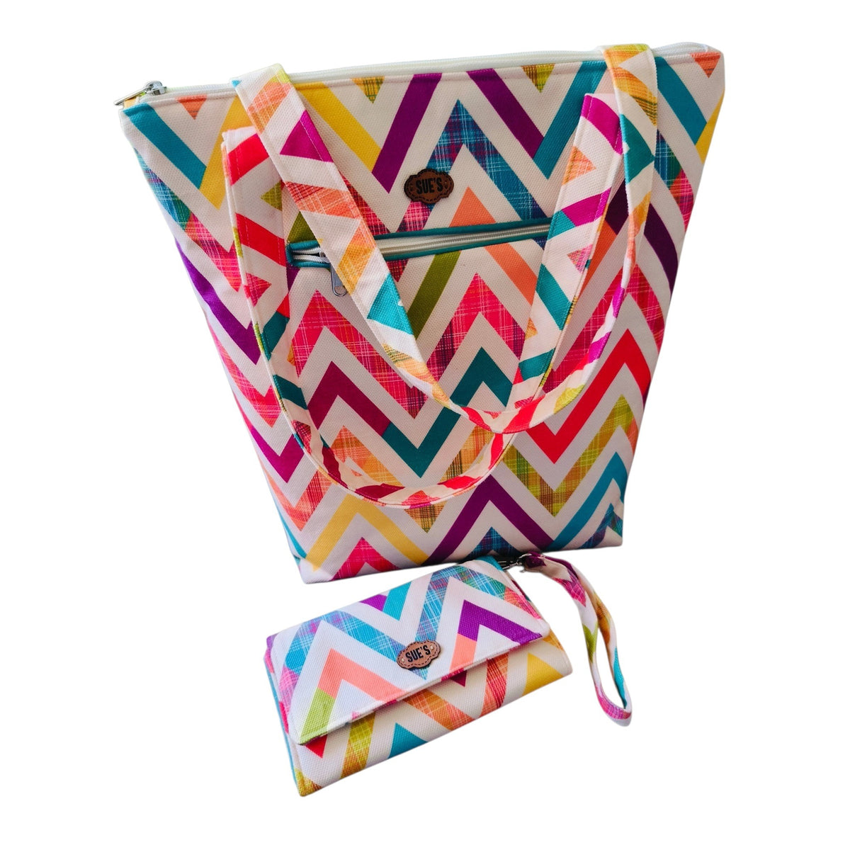 Suepatchwork zigzag patterned tote bag and matching wallet with vibrant multi-coloured fabric and shoulder handles.