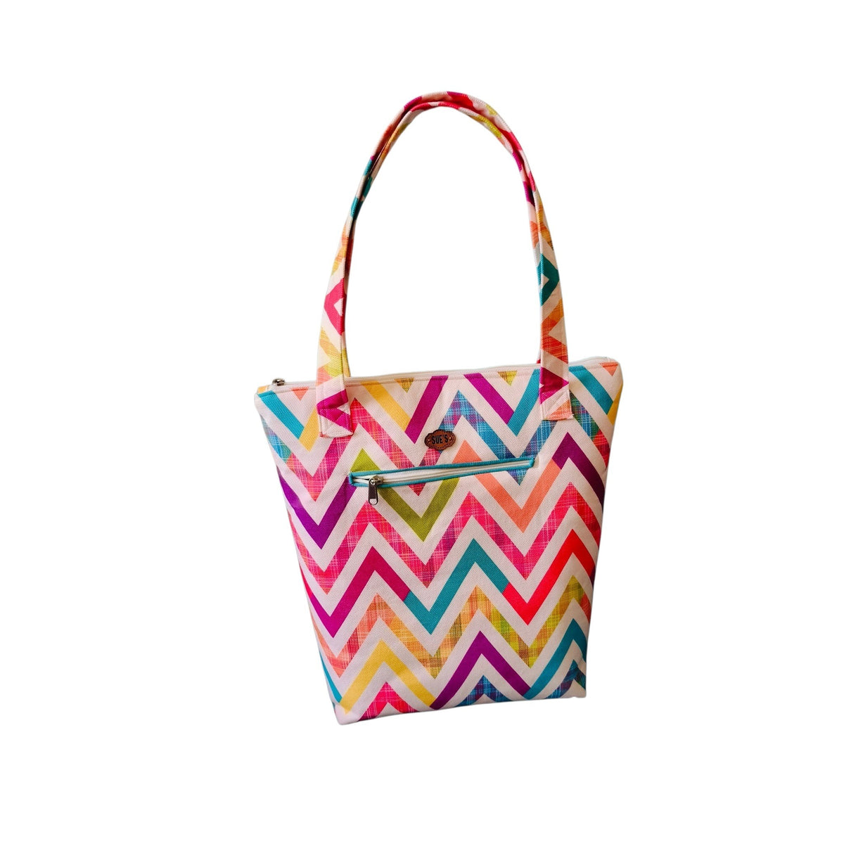 Suepatchwork handmade tote bag with a vibrant multicoloured zigzag pattern, featuring an external zip pocket.